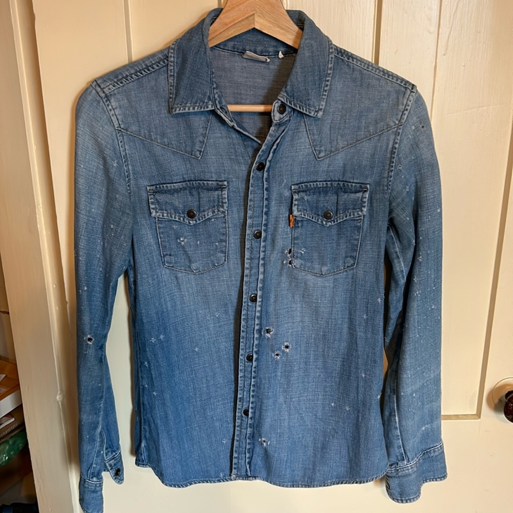 Selling to make room. Distressed Levi’s XS denim snap button down shirt.